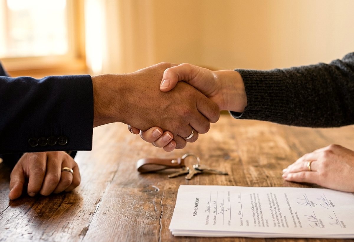 A homeowner and a cash buyer shaking hands over a signed agreement
